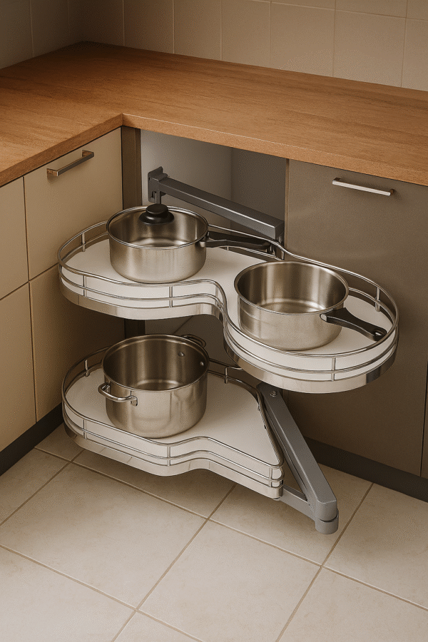 A technical illustration showing dimensions and swing mechanism of the tray