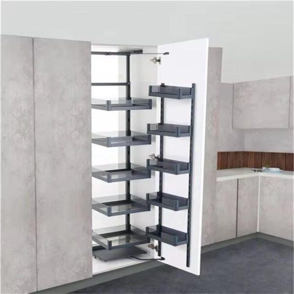Stainless steel swing tray system with soft-close, right-opening configuration for space optimization