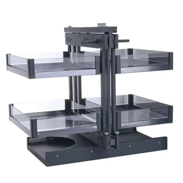 Right-opening Magic Corner Swing Tray fitted in a modern modular kitchen setup